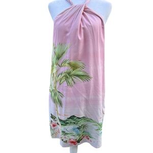 Tommy Bahama midi silk dress lined halter neck twist front tropical scenic M